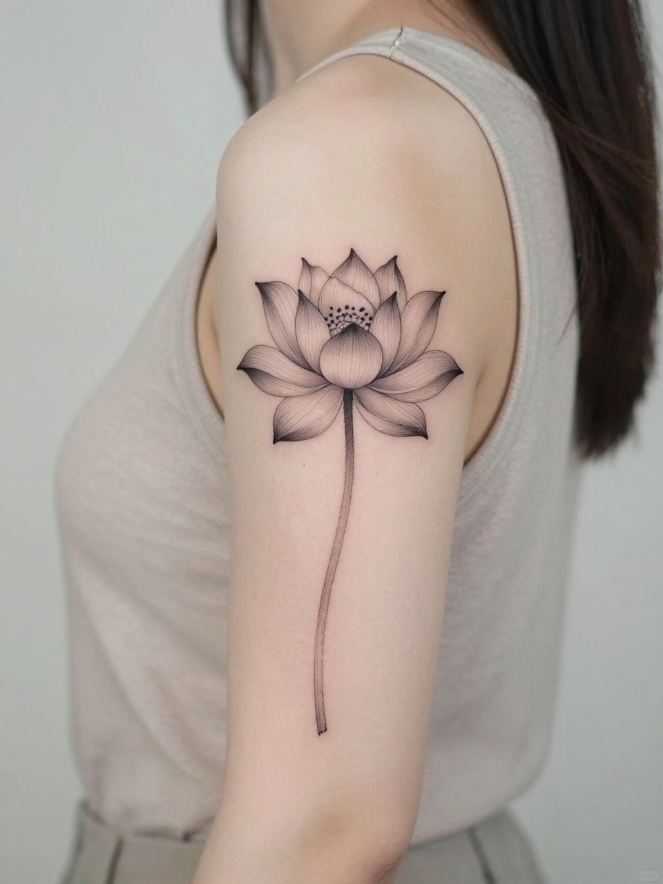 Image Prompt: "Close-up of a black ink lotus flower tattoo with a long single stem on the upper arm, fine line floral style, soft light shading, elegant vertical flow, realistic skin texture, sleeveless neutral top softly visible, clean composition, tattoo-centered lifestyle image, gentle feminine mood, minimal background (no watermarks on images)"