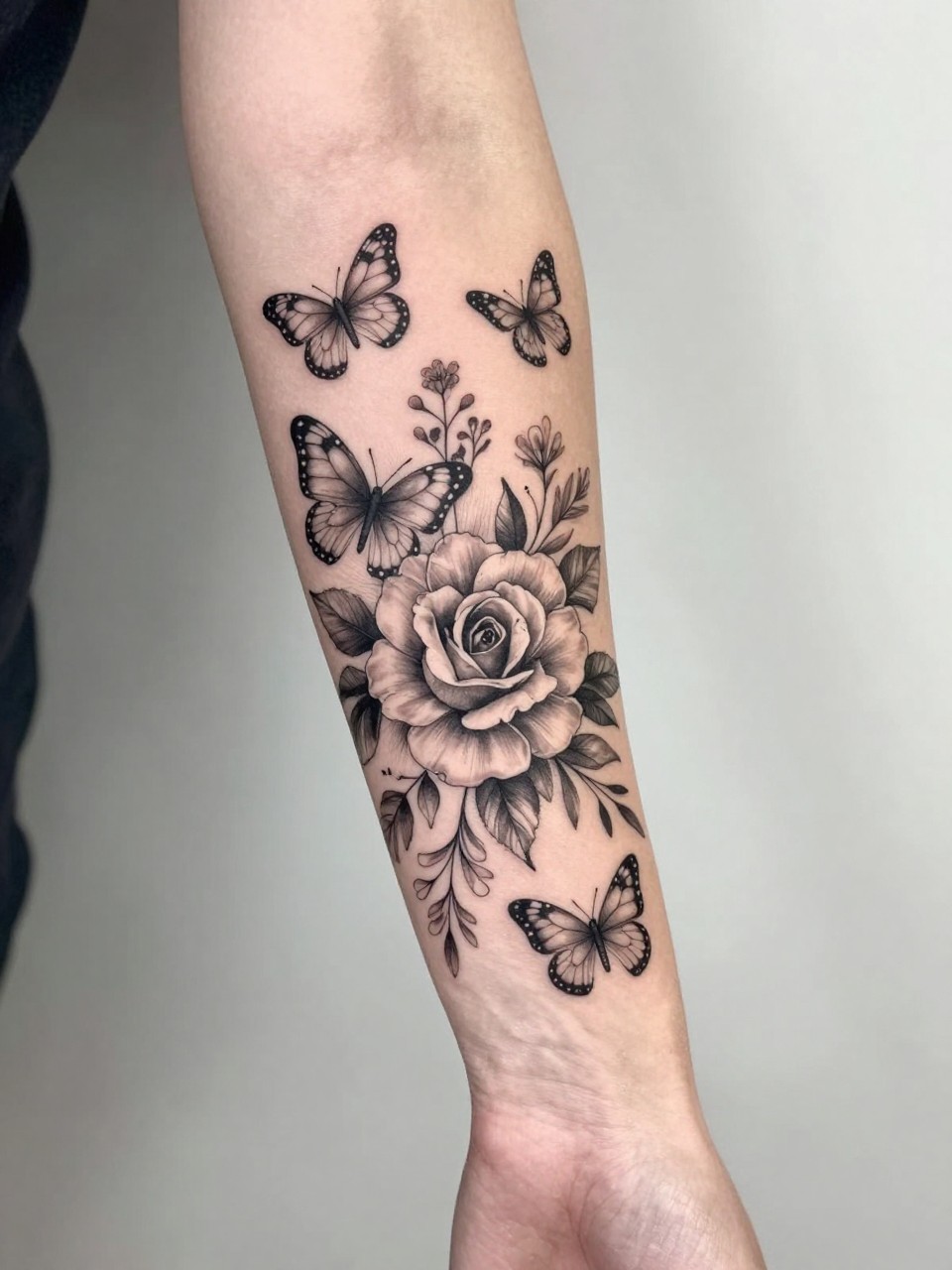 Image Prompt: "Design-focused close-up of a flower sleeve tattoo with butterflies across the arm, black and grey floral design with roses and wildflowers, delicate butterfly accents, soft shading, fine line details, realistic skin texture, neutral manicure, clean modern feminine tattoo inspiration photo, minimal background, tattoo is the hero of the image (no watermarks on images)"