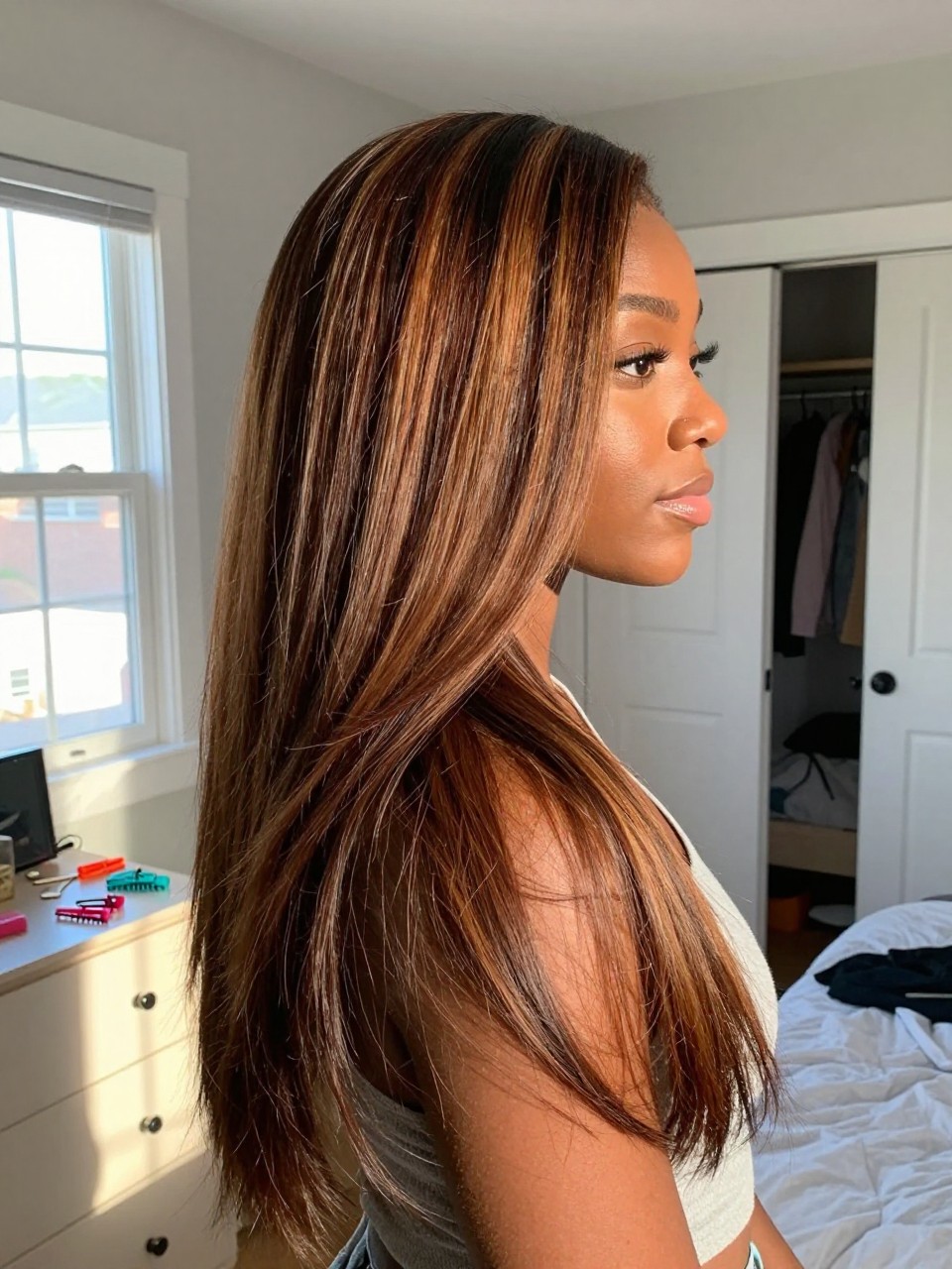 Photo of a Black woman wearing long brown layered hair with chestnut highlights and soft body, side profile view, in a sun-drenched bedroom, natural window light, containing a small lived-in detail such as sectioning clips on the dresser and a slightly open closet behind, latest iPhone photo quality.