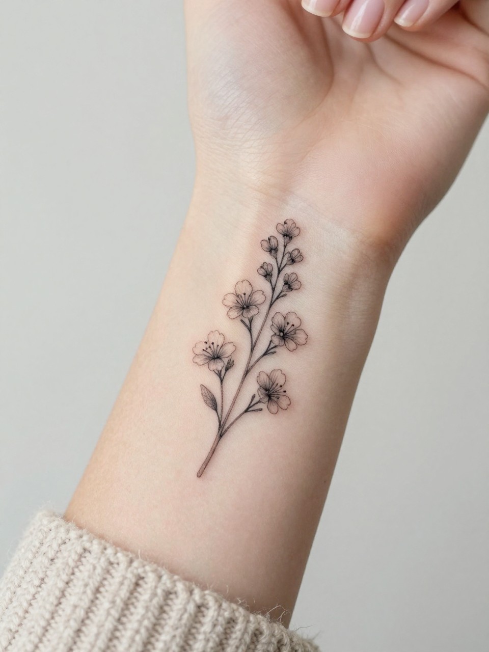 Image Prompt: "Extreme close-up of a fine line hawthorne flower tattoo on the inner wrist, delicate black ink floral design with tiny blossoms on a slender stem, subtle grey shading, minimalist feminine style, realistic skin texture, neutral manicure, soft knit sweater sleeve slightly visible, design-focused close-up, clean soft background, modern tattoo inspiration photo, tattoo is the clear main subject (no watermarks on images)"