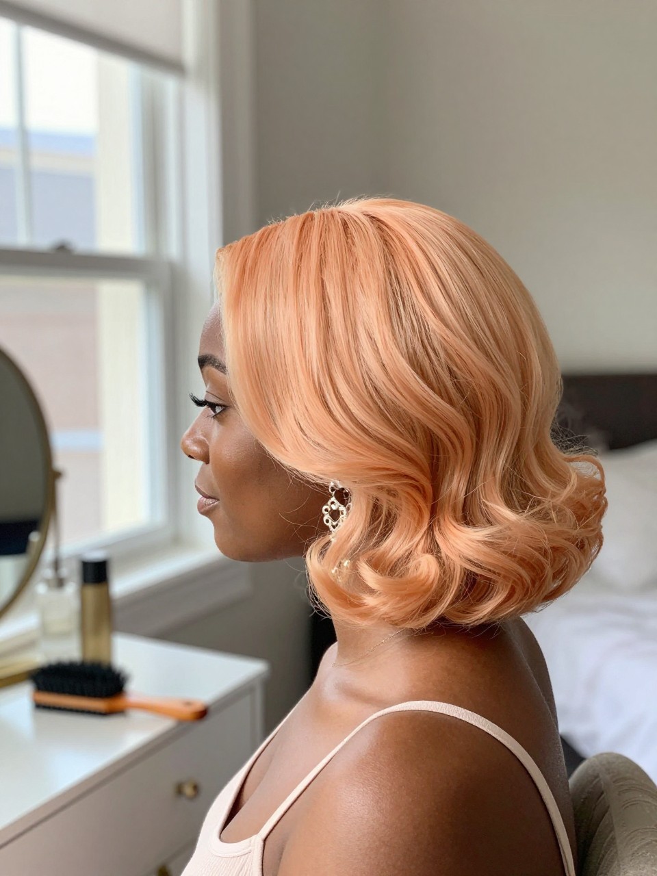 Photo of a black woman wearing soft apricot blonde hair in a smooth bouncy blowout, side profile view, sun-drenched bedroom setting, natural window light, with a round brush on the vanity and statement earrings peeking through, latest iPhone photo quality.