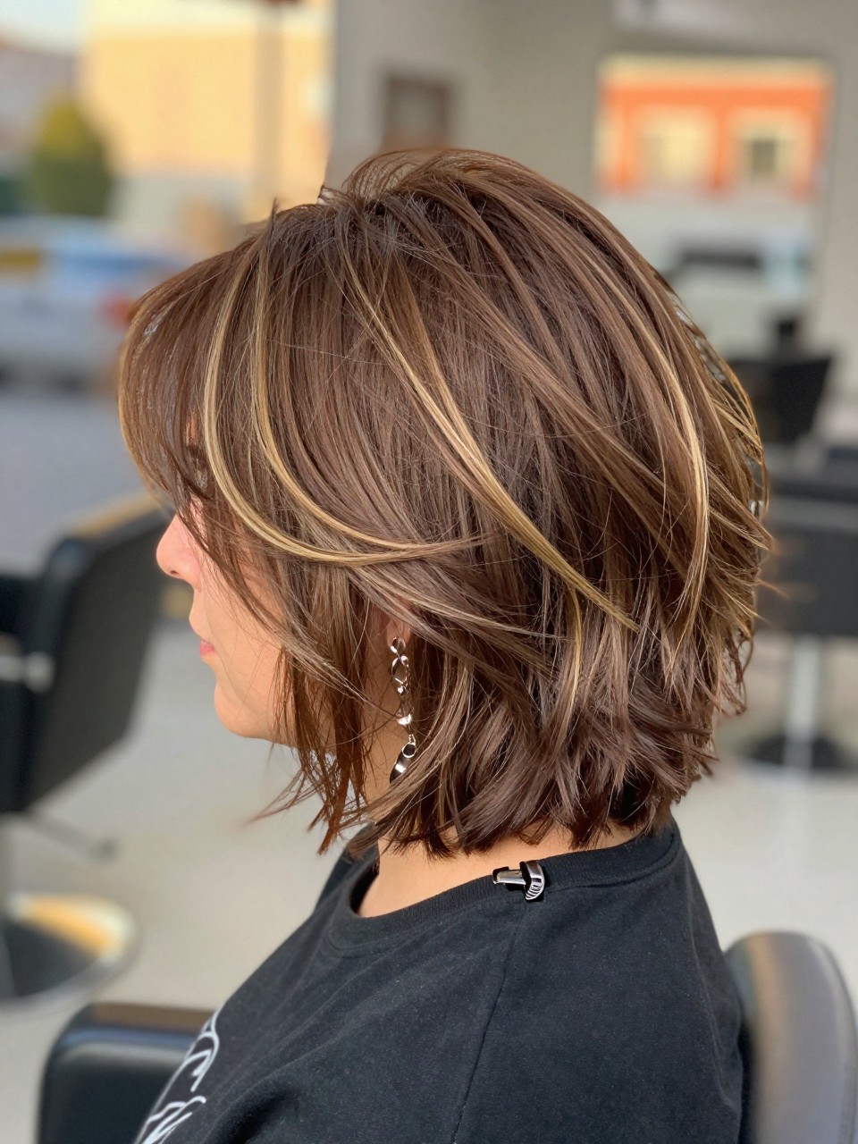 Photo of a woman wearing a tousled chocolate brown bob with buttery blonde chunky highlights, back-of-head view to highlight details, in a softly blurred hair salon outdoor, golden hour glow, containing a small lived-in detail such as a hair clip clipped to the collar and statement earrings peeking through, latest iPhone photo quality.