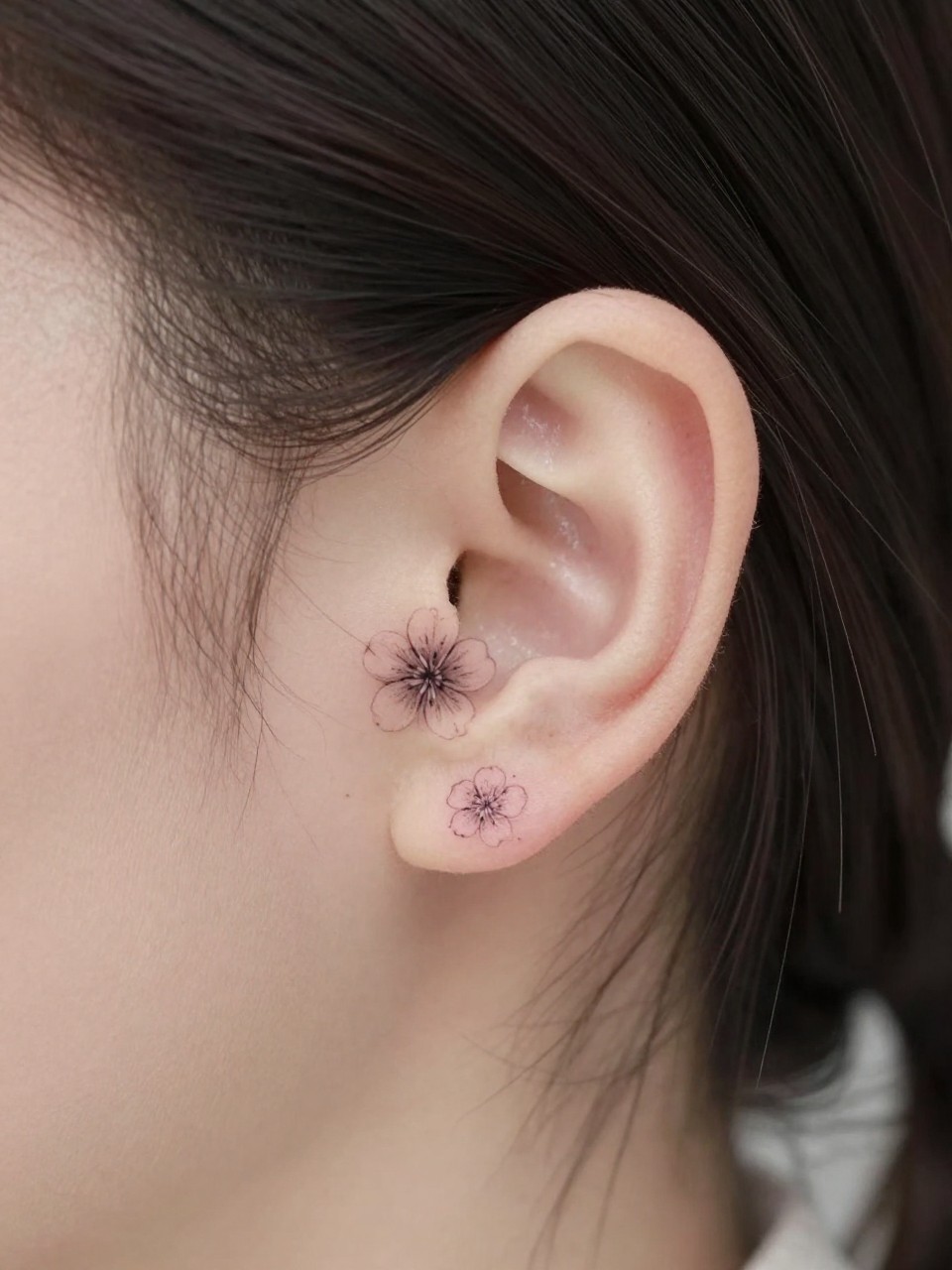 Image Prompt: "Macro shot of a small Japanese plum blossom tattoo behind the ear, fine line black and grey ink, tiny soft petals with delicate shading, realistic skin texture, a few loose strands of hair framing the placement, soft feminine styling, minimal background, tight crop, tattoo-centered inspiration image (no watermarks on images)"