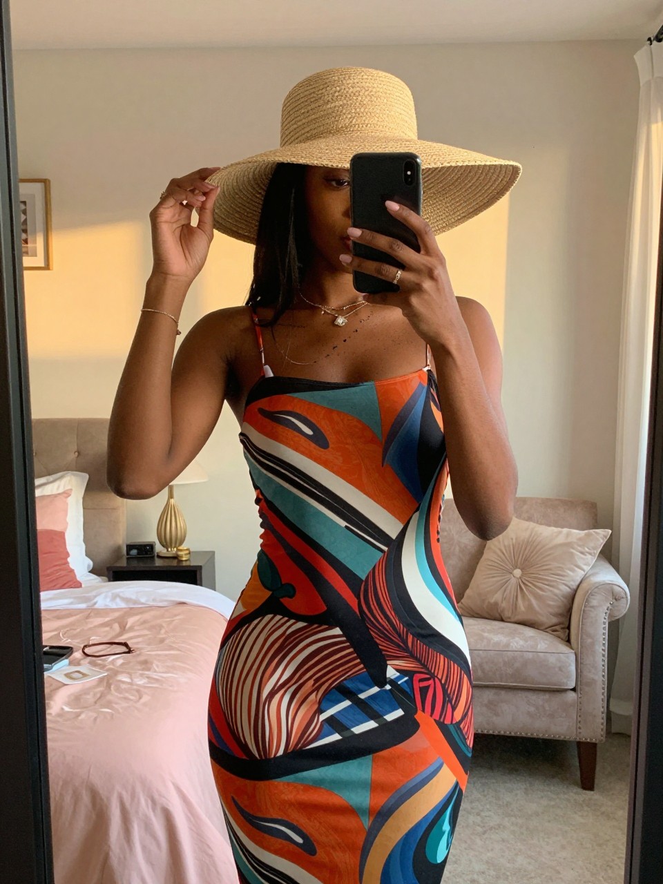 mirror selfie of a black woman in a graphic print dress and wide-brim hat, adjusting the hat's brim, cropped at NECK so face doesn't show, in a feminine-themed bedroom, evening golden hour, iPhone photo quality.
