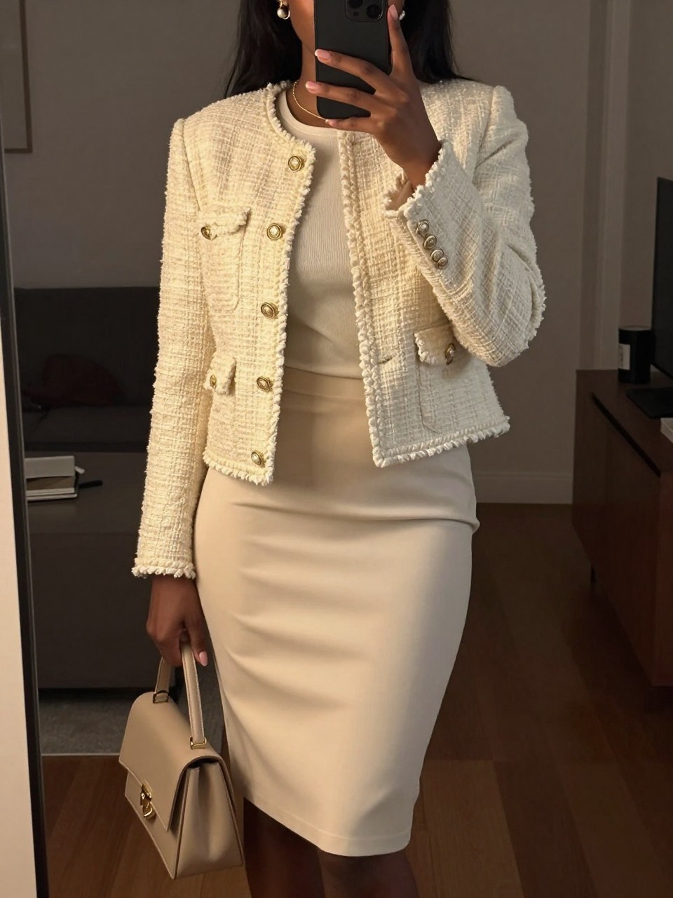 iPhone mirror selfie of a black woman wearing a cream tweed jacket over a cream shell tucked into a soft cream pencil skirt with pearl earrings and nude pumps, one hand resting on her jacket, cropped at NECK so face doesn't show, in a city apartment, warm moody lighting, iPhone photo quality.