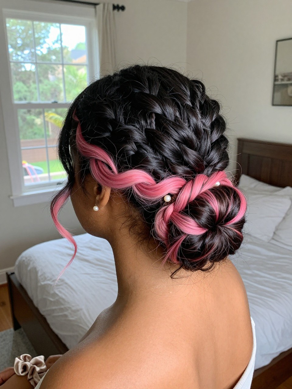 Photo of a biracial woman wearing a low textured bun on black hair with pink peekaboo highlights woven through the twists, back-of-head view to highlight details, in a sun-drenched bedroom, natural window light, containing a small lived-in detail such as a pearl pin and a silk scrunchie on the wrist, latest iPhone photo quality.