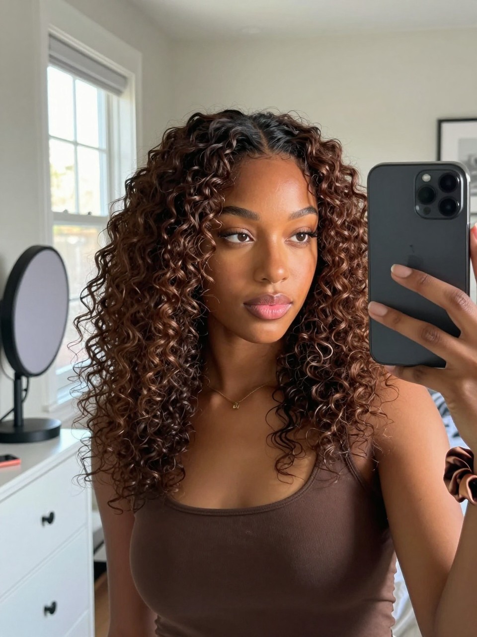 Photo of a black woman wearing espresso curly hair with mocha dimension and glossy defined curls, candid mirror selfie, sun-drenched bedroom setting, natural window light, with a diffuser on the dresser and a silk scrunchie on her wrist, latest iPhone photo quality.