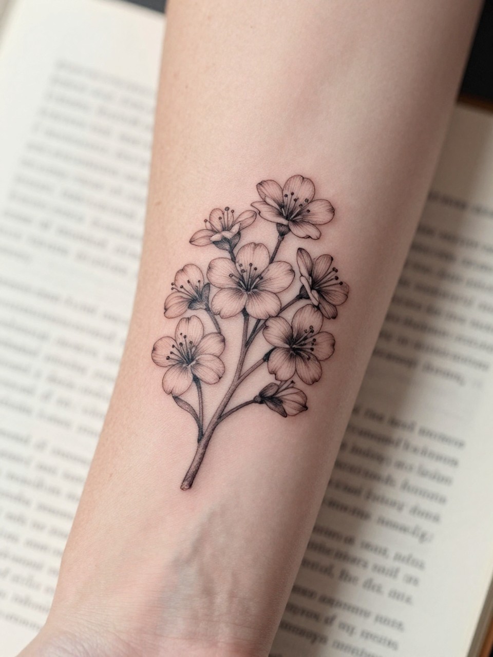 Image Prompt: "Extreme close-up of a hawthorn flower tattoo with tiny handwritten name script on the inner forearm, black ink fine line floral design, delicate petals, soft shading, elegant cursive detail, realistic skin texture, book page underneath the arm, feminine soft lifestyle context, clean background, tattoo-centered inspiration photo (no watermarks on images)"