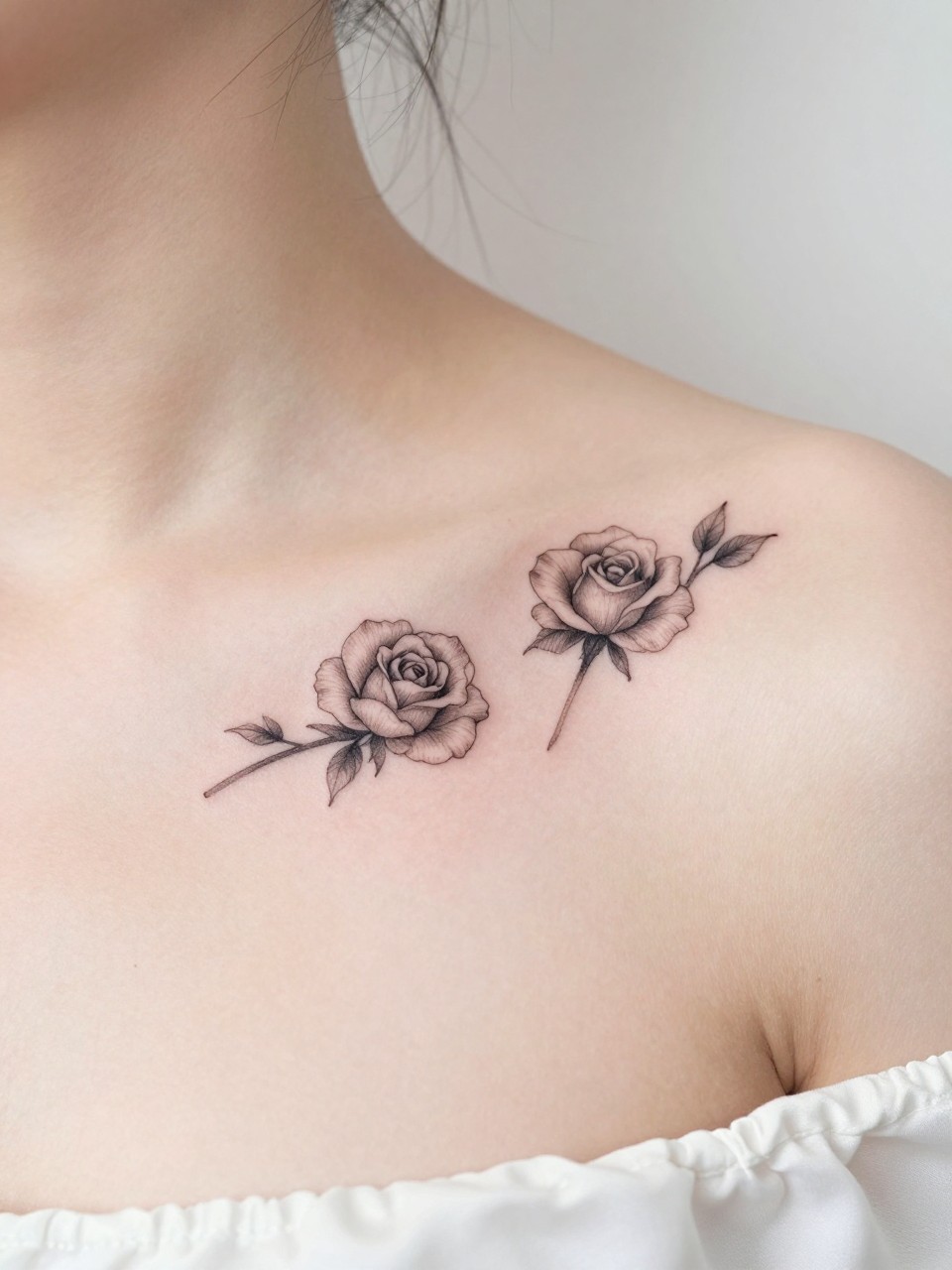 Image Prompt: "Close-up of two tiny rose tattoos along the collarbone, black ink fine line floral design with soft layered petals and light shading, realistic skin texture, silk blouse neckline barely visible, feminine clean composition, close-up tattoo visibility, soft minimal background, tattoo is the clear main subject (no watermarks on images)"