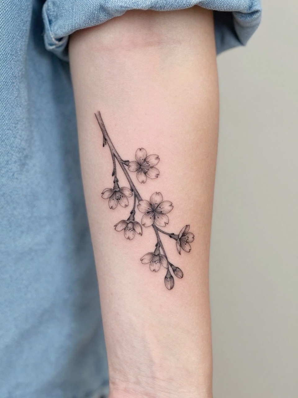 Image Prompt: "Close-up of a single sakura branch tattoo on the forearm, black ink fine line floral design with tiny cherry blossoms, slender branch, soft grey shading, realistic skin texture, light denim sleeve softly blurred near the edge, design-first composition, feminine modern tattoo inspiration photo, minimal background (no watermarks on images)"