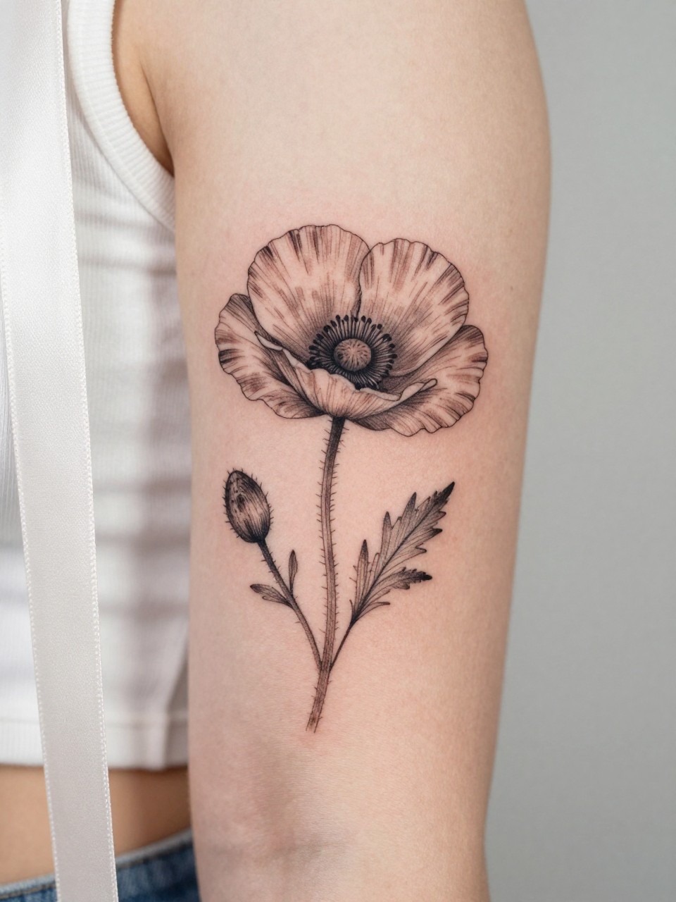 Image Prompt: "Close-up of a poppy flower tattoo on the inner bicep, black ink fine line floral style, soft open petals with subtle shading, realistic skin texture, satin ribbon nearby as a subtle feminine detail, tight crop, minimal soft background, modern lifestyle-inspired tattoo image, tattoo is the clear main subject (no watermarks on images)"