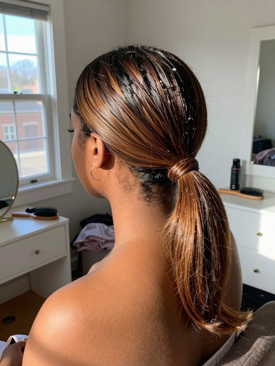 Photo of a black woman wearing a sleek low ponytail on a short brown lob with highlights through the tail, back-of-head view to highlight details, in a sun-drenched bedroom, natural window light, containing a small lived-in detail such as a ribbon tied at the base and a hairbrush on the vanity, latest iPhone photo quality.