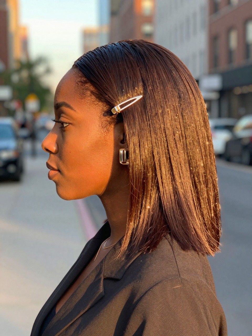 Photo of a black woman wearing espresso chocolate brown hair styled sleek and straight, side profile view, softly blurred city street background, golden hour glow, with statement earrings peeking through and a hair clip clipped to her collar, latest iPhone photo quality.