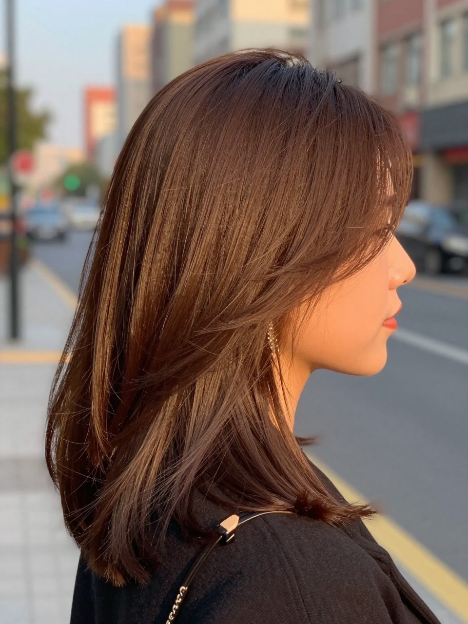 Photo of a woman wearing iced mocha brunette hair with soft smooth bends, side profile view, softly blurred city street background, golden hour glow, with a hair clip clipped to her collar and statement earrings peeking through, latest iPhone photo quality.