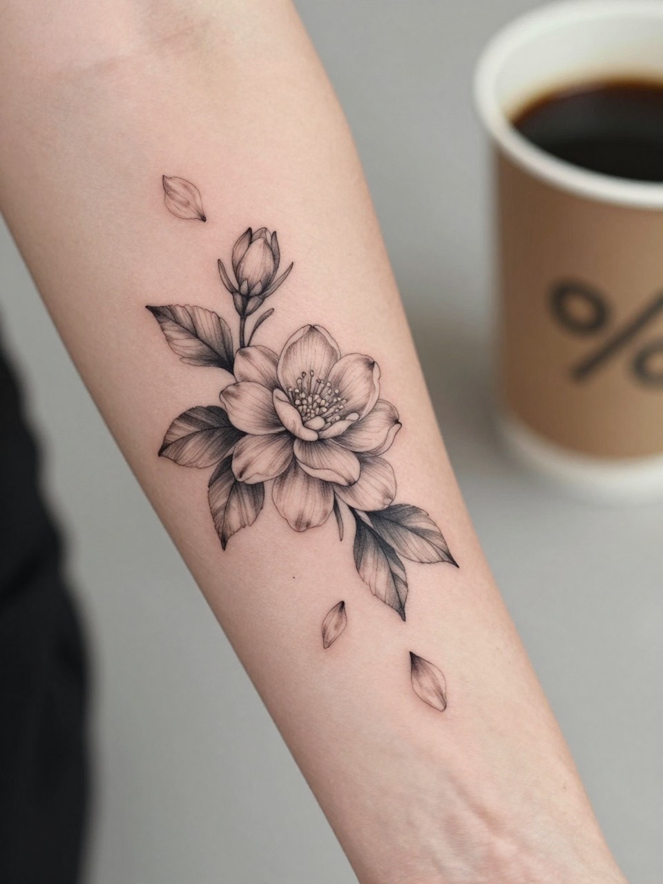 Image Prompt: "Extreme close-up of a jasmine tattoo with a few falling petals on the forearm, black ink fine line floral design, delicate petal movement, soft shading, realistic skin texture, coffee cup softly blurred nearby, modern feminine tattoo inspiration image, minimal background, tattoo-centered composition (no watermarks on images)"