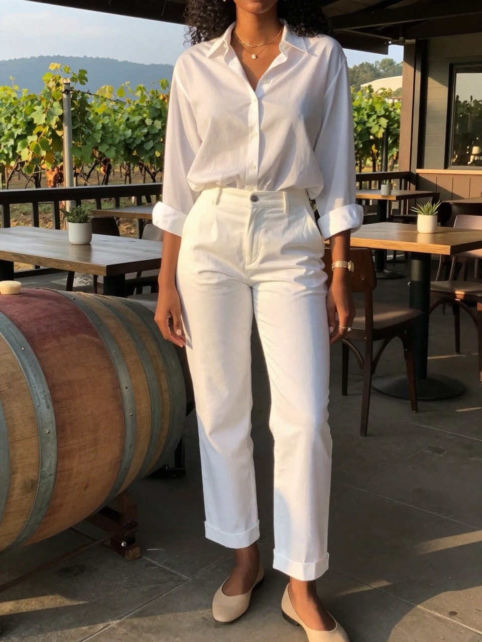 photo of a black woman in a white button-down and white trousers with flats, standing at a winery or upscale cafe, cropped at NECK so face doesn't show, at a winery, evening golden hour, iPhone photo quality.