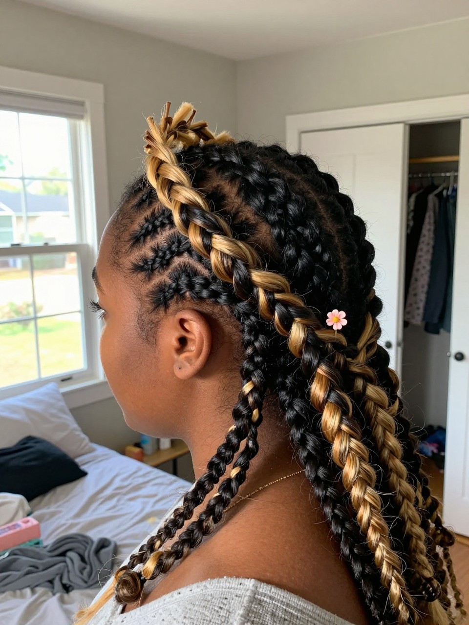 Photo of a black woman wearing a braided crown on black hair with blonde highlights woven throughout, back-of-head view to highlight details, in a sun-drenched bedroom, natural window light, containing a small lived-in detail such as a tiny flower pin and a slightly open closet behind, latest iPhone photo quality.