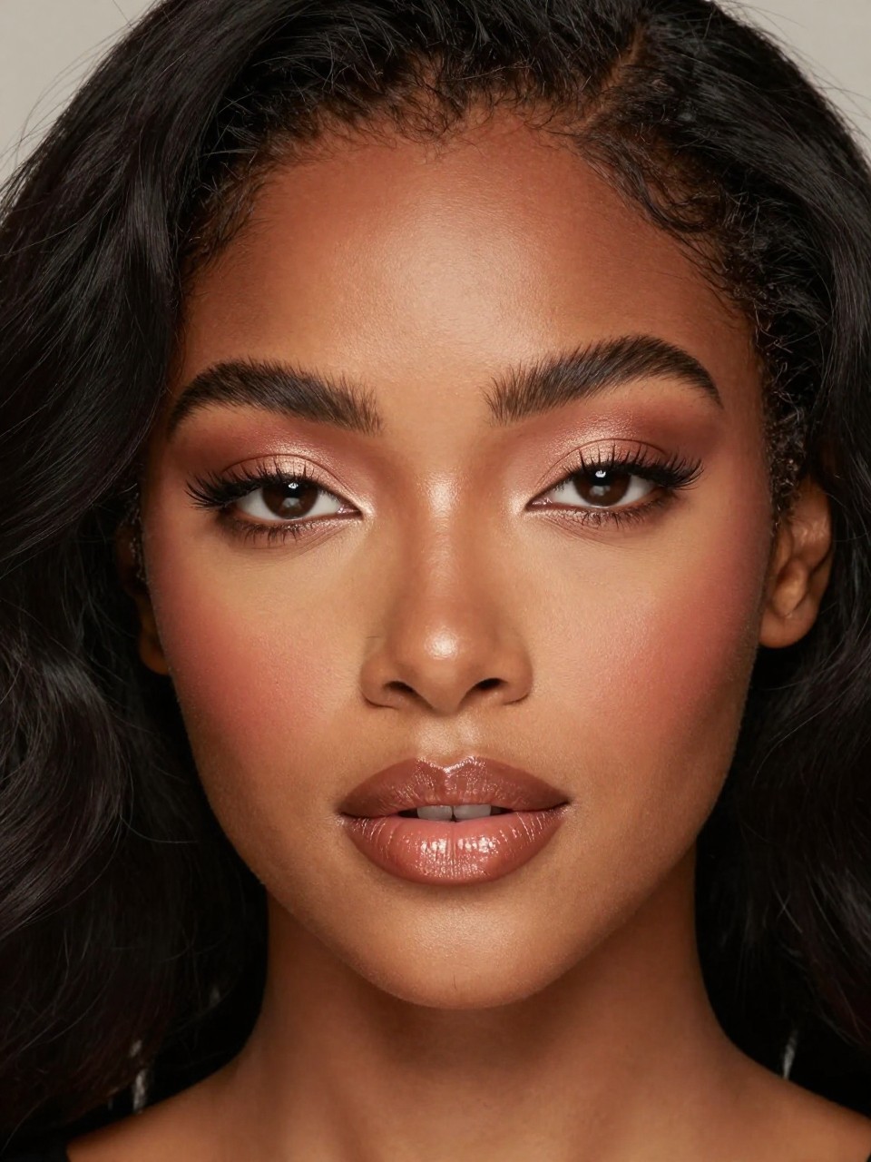 IMAGE_PROMPT: Super realistic close-up beauty portrait of a Black woman wearing classy nude makeup with soft bronze-nude shimmer eyelids, warm brown crease shading, luminous skin, cinnamon-rose blush, caramel nude glossy lips, wispy lashes, and softly arched brows, shot from a front-facing portrait, with diffused beauty studio lighting that clearly reveals the shimmer texture, skin glow, and realistic lip shine, realistic skin texture, softly curled black hair, minimal soft backdrop, feminine modern beauty photography, latest iPhone photo quality (no watermarks on images).