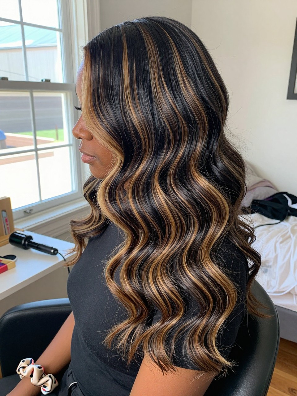 Photo of a black woman wearing soft black waves with honey blonde highlight ribbons woven through the lengths, side profile view, in a sun-drenched bedroom, natural window light, containing a small lived-in detail such as a curling iron on the counter and a silk scrunchie on the wrist, latest iPhone photo quality.