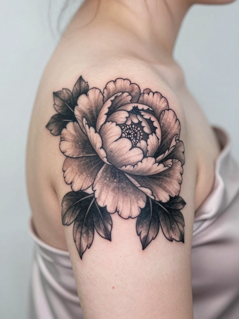 Image Prompt: "Close-up of a Japanese peony flower tattoo on the shoulder, layered petals in black and grey ink, soft shading, bold but feminine linework, medium-size design, realistic skin texture, silk blouse strap softly visible, tattoo-centered composition, modern feminine lifestyle tattoo photo, clean soft background, design is the hero (no watermarks on images)"