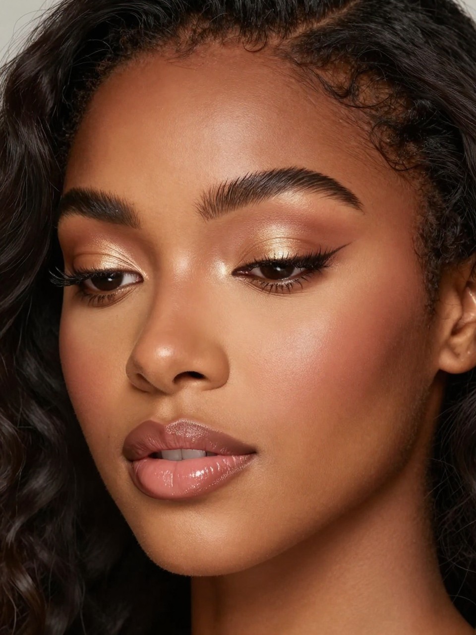IMAGE_PROMPT: Super realistic close-up beauty portrait of a Black woman wearing cute birthday makeup with a soft warm brown cut crease, pale gold shimmer on the carved lids, fluttery lashes, smooth glowing skin, softly highlighted cheeks, nude pink glossy lips, and full sculpted brows, shot from a three-quarter face angle, with diffused beauty studio lighting that clearly reveals the cut crease shape, shimmer detail, and realistic skin texture, realistic skin texture, softly curled black hair, minimal soft backdrop, feminine modern beauty photography, latest iPhone photo quality (no watermarks on images).