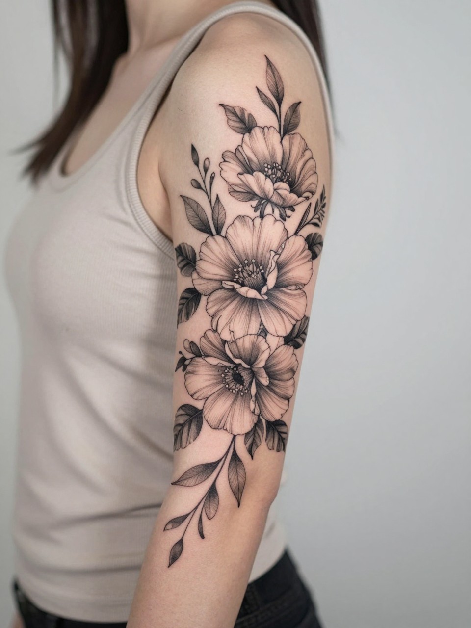 Image Prompt: "Extreme close-up of a full floral sleeve tattoo covering the arm from shoulder to wrist, black and grey ink, mixed flowers with layered petals, soft smooth shading, fine line leaves, elegant flowing composition, realistic skin texture, sleeveless neutral top softly visible, design-focused close-up, modern feminine tattoo inspiration photo, clean minimal background, tattoo is the clear hero (no watermarks on images)"