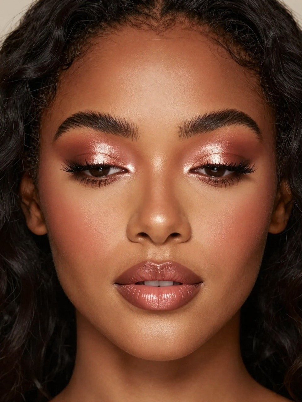IMAGE_PROMPT: Super realistic close-up beauty portrait of a Black woman wearing soft glam makeup with rose gold shimmer on the lids, warm matte brown crease, wispy lashes, glowing golden-champagne highlighted skin, rosy nude satin lips, softly arched brows, and blended warm blush, shot from a front-facing portrait, with diffused beauty studio lighting that clearly reveals the shimmer texture, highlight, and realistic skin finish, realistic skin texture, softly curled black hair, minimal soft backdrop, feminine modern beauty photography, latest iPhone photo quality (no watermarks on images).