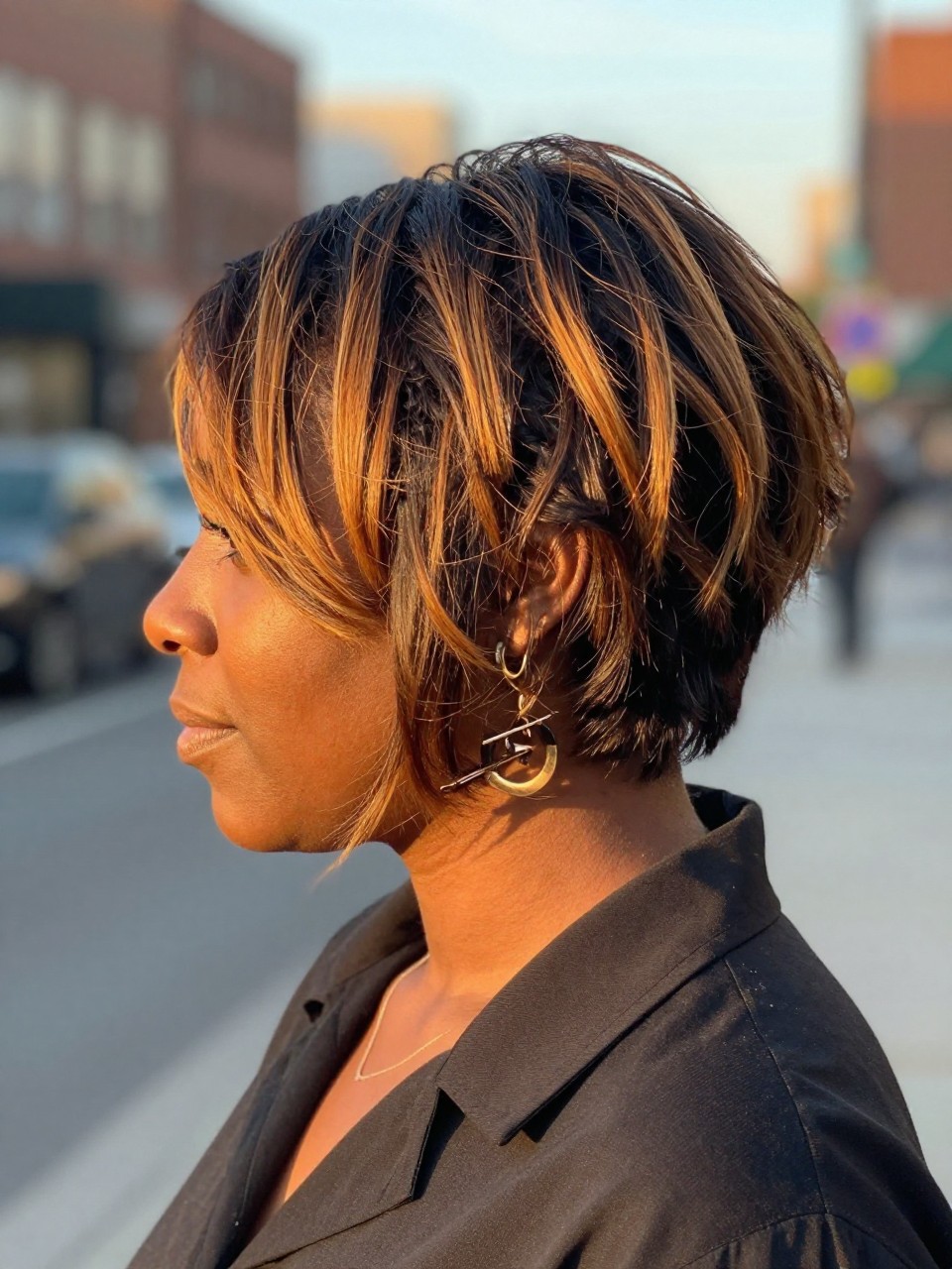 Photo of a Black woman wearing a tousled dark bob with golden honey brown highlights and soft choppy texture, back-of-head view to highlight details, in a softly blurred city street background, golden hour glow, containing a small lived-in detail such as a hair clip clipped to the collar and statement earrings peeking through, latest iPhone photo quality.