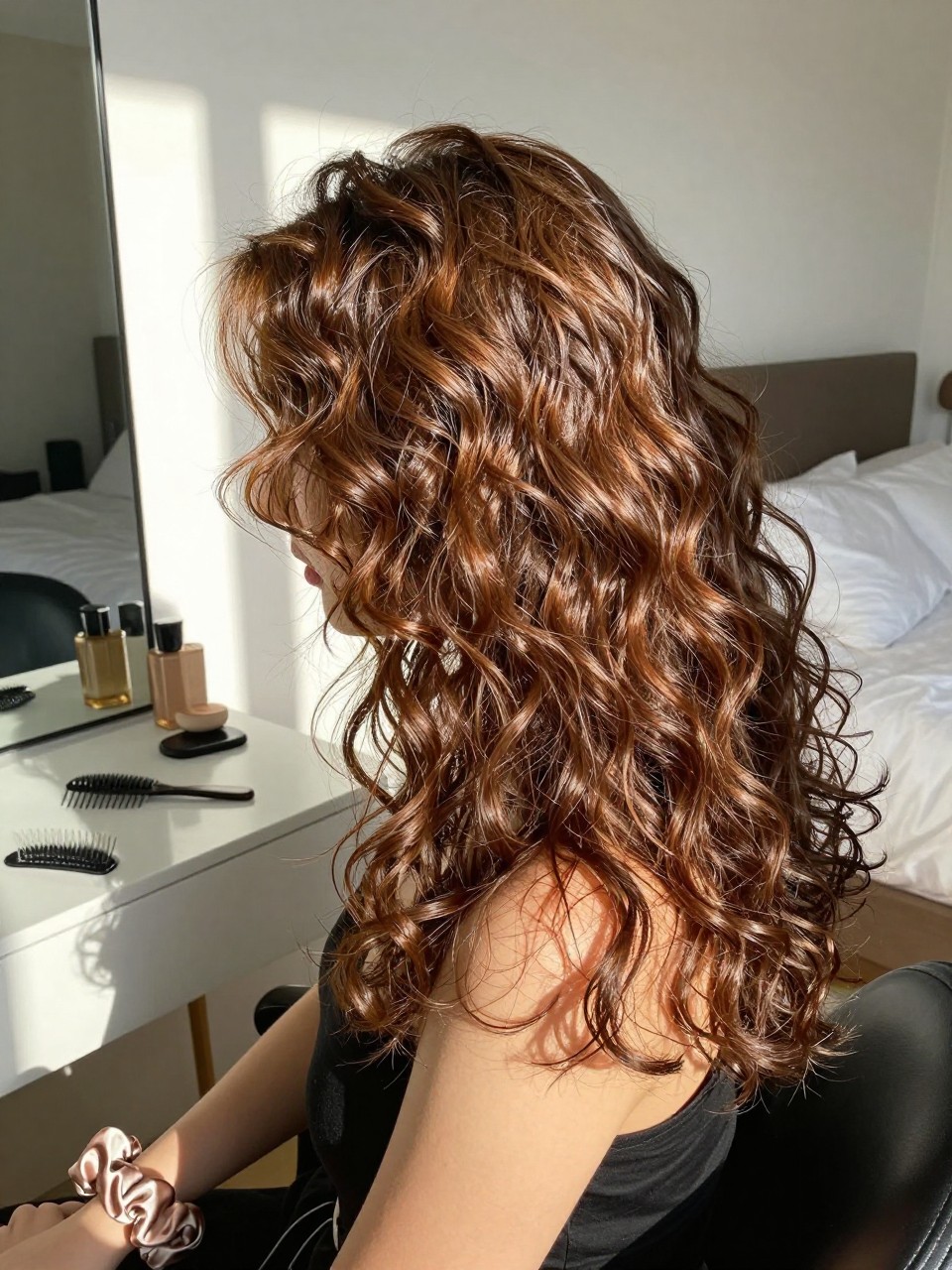 Photo of a woman wearing bronze brown curls with warm shine and soft volume, side profile view, sun-drenched bedroom setting, natural window light, with a hair pick on the vanity and a silk scrunchie on her wrist, latest iPhone photo quality.