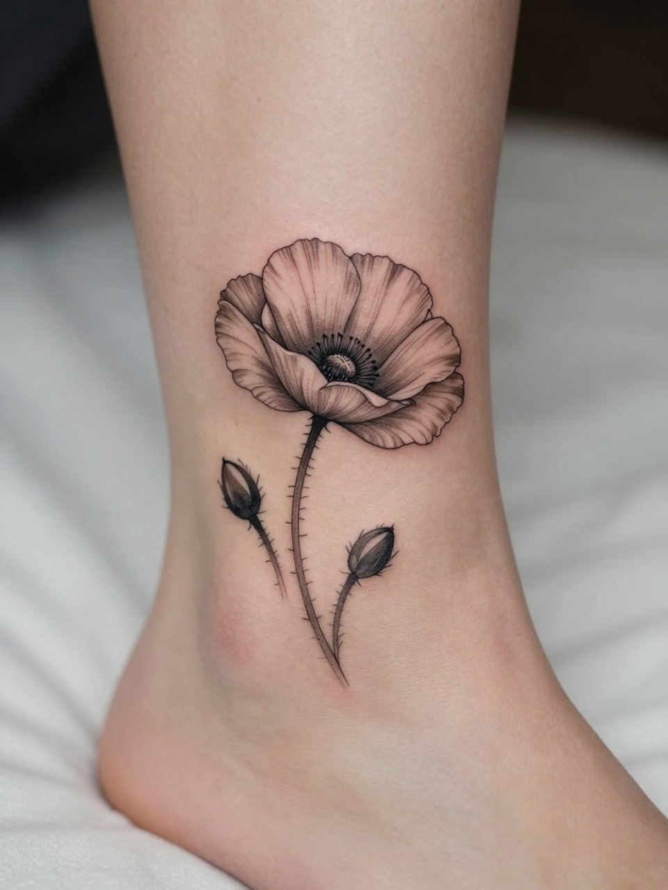 Image Prompt: "Macro shot of a minimalist poppy tattoo on the ankle, black ink fine line floral design with soft open petals and very subtle shading, realistic skin texture, neutral pedicure, soft bedding in the background, design-focused close-up, modern feminine tattoo inspiration image, tattoo clearly in focus (no watermarks on images)"