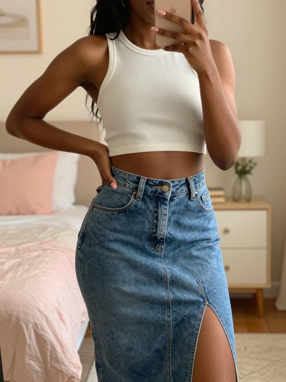 iPhone mirror selfie of a Black woman wearing a high-waisted denim skirt with a cropped top, posed with one hand on her hip and phone in the other, cropped at NECK so face doesn't show, in a bright feminine-themed bedroom, warm moody lighting, iPhone photo quality.