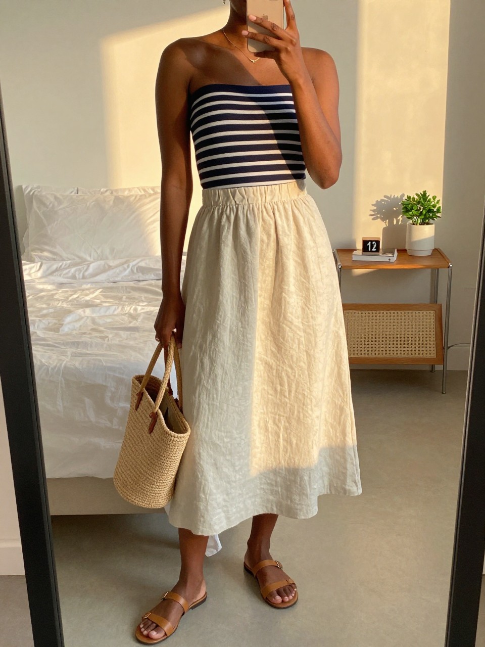 iPhone mirror selfie of a black woman wearing a navy striped boatneck top tucked into a soft cream A-line linen skirt with flat tan sandals and a straw tote, one hand holding her phone at her side, cropped at NECK so face doesn't show, in a feminine-themed bedroom, evening golden hour, iPhone photo quality.