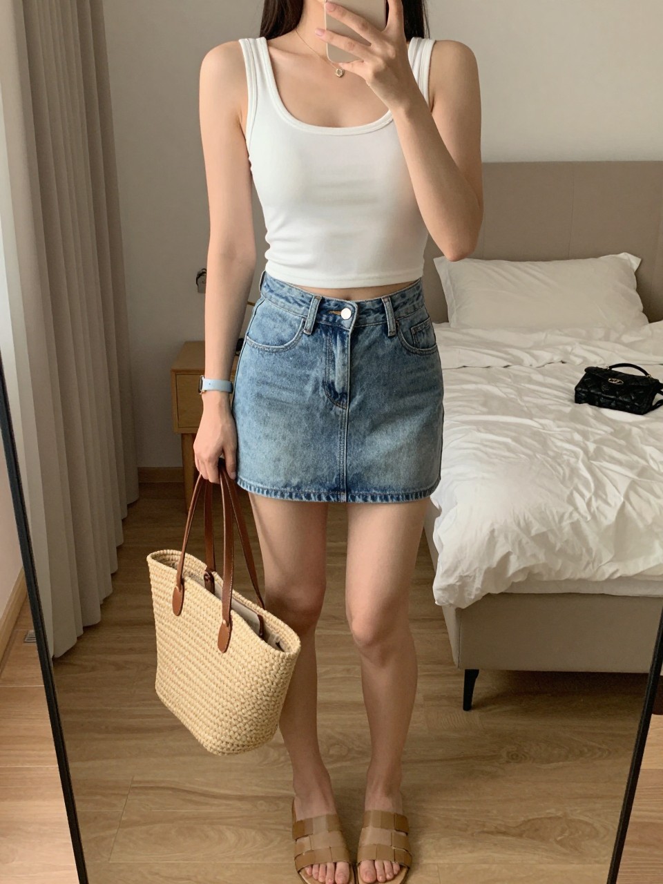 iPhone mirror selfie of a woman wearing a white fitted crop top with a high-waisted light-wash denim mini skirt and tan slide sandals, holding a woven tote bag, standing with one hand on her hip, cropped at NECK so face doesn't show, in a feminine-themed bedroom, warm moody lighting, iPhone photo quality.