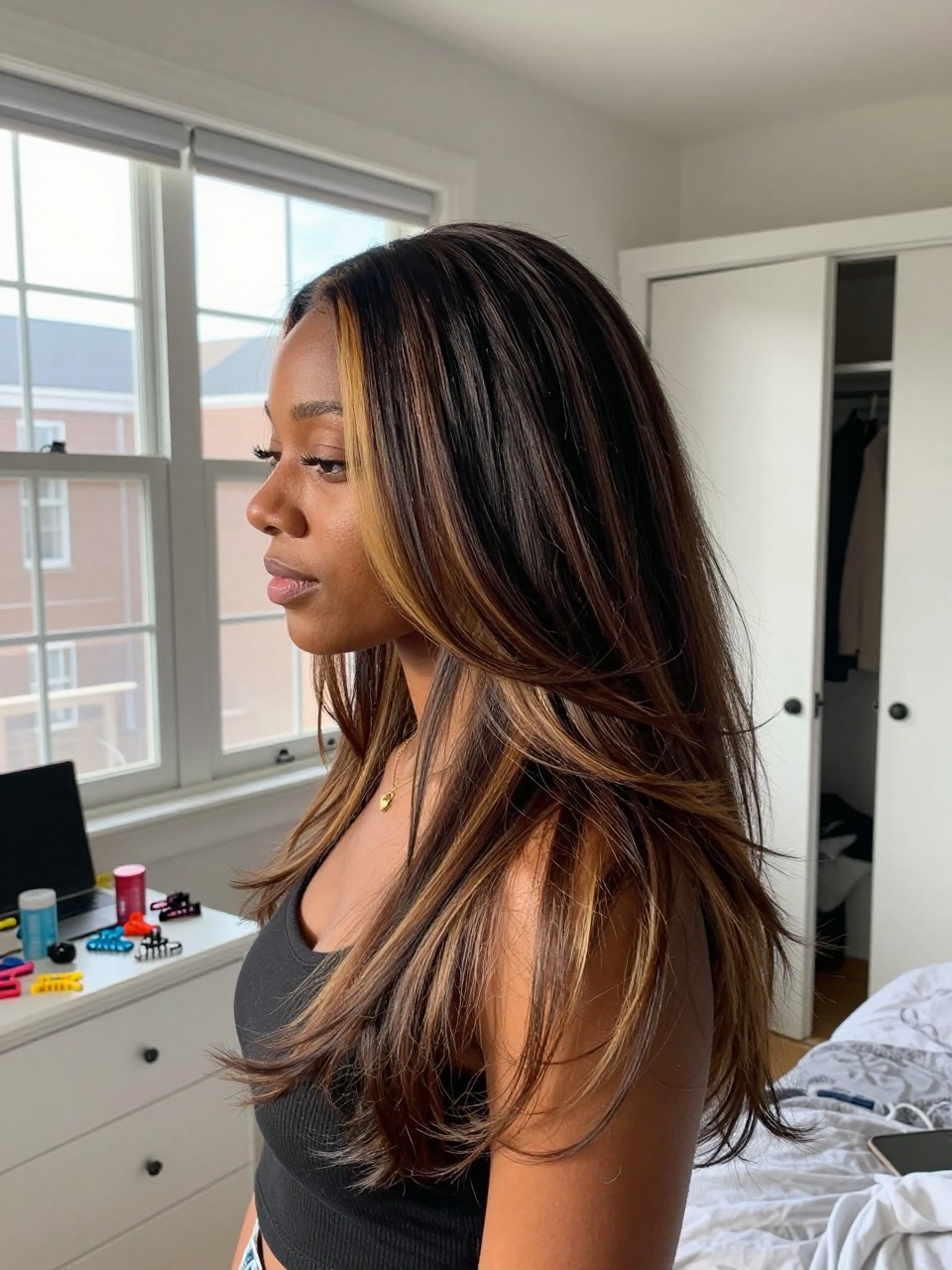 Photo of a black woman wearing long layered dark hair with honey highlights and soft movement, side profile view, in a sun-drenched bedroom, natural window light, containing a small lived-in detail such as sectioning clips on the dresser and a slightly open closet behind, latest iPhone photo quality.