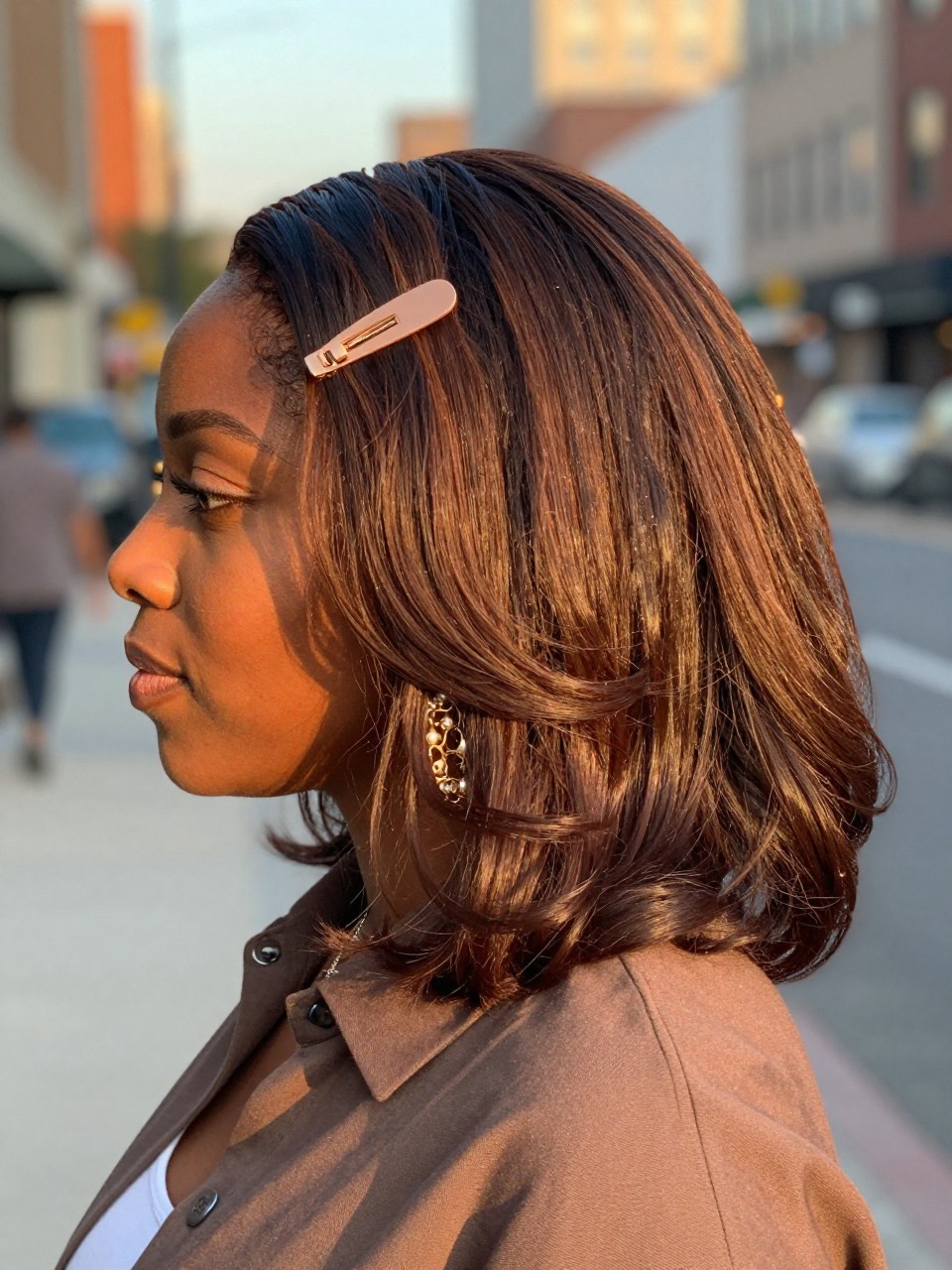 Photo of a black woman wearing iced mocha brunette hair with soft smooth bends, side profile view, softly blurred city street background, golden hour glow, with a hair clip clipped to her collar and statement earrings peeking through, latest iPhone photo quality.