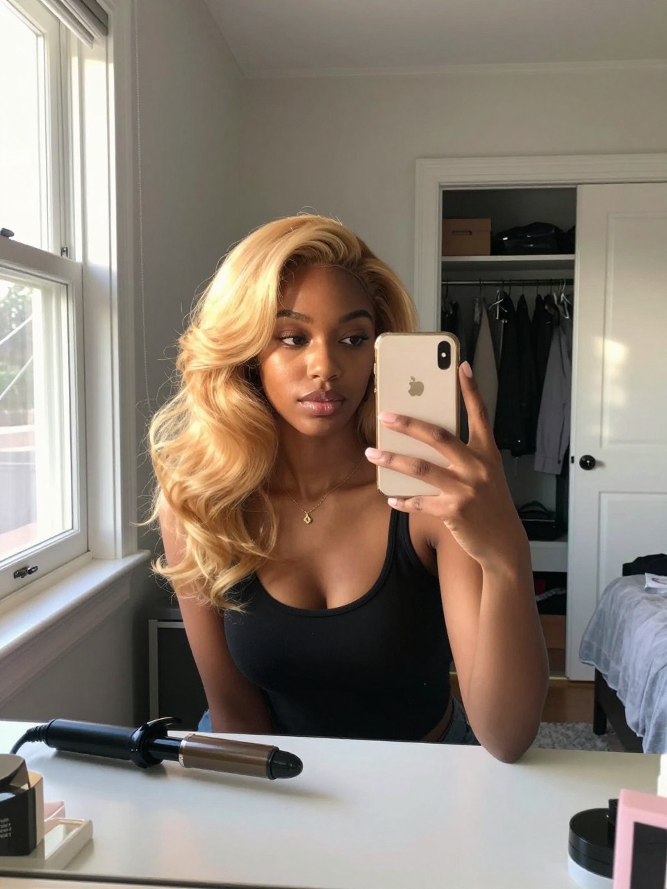 Photo of a black woman wearing butter blonde hair in soft loose waves, candid mirror selfie, sun-drenched bedroom setting, natural window light, with a curling iron on the vanity and a slightly open closet behind, latest iPhone photo quality.