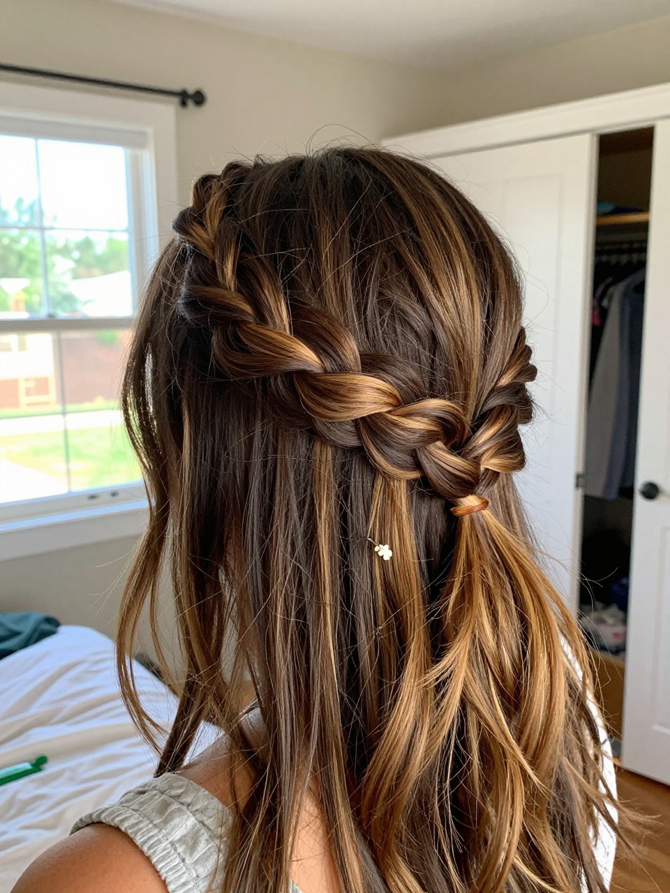 Photo of a woman wearing a braided crown on dark hair with honey highlights woven throughout, back-of-head view to highlight details, in a sun-drenched bedroom, natural window light, containing a small lived-in detail such as a tiny flower pin and a slightly open closet behind, latest iPhone photo quality.