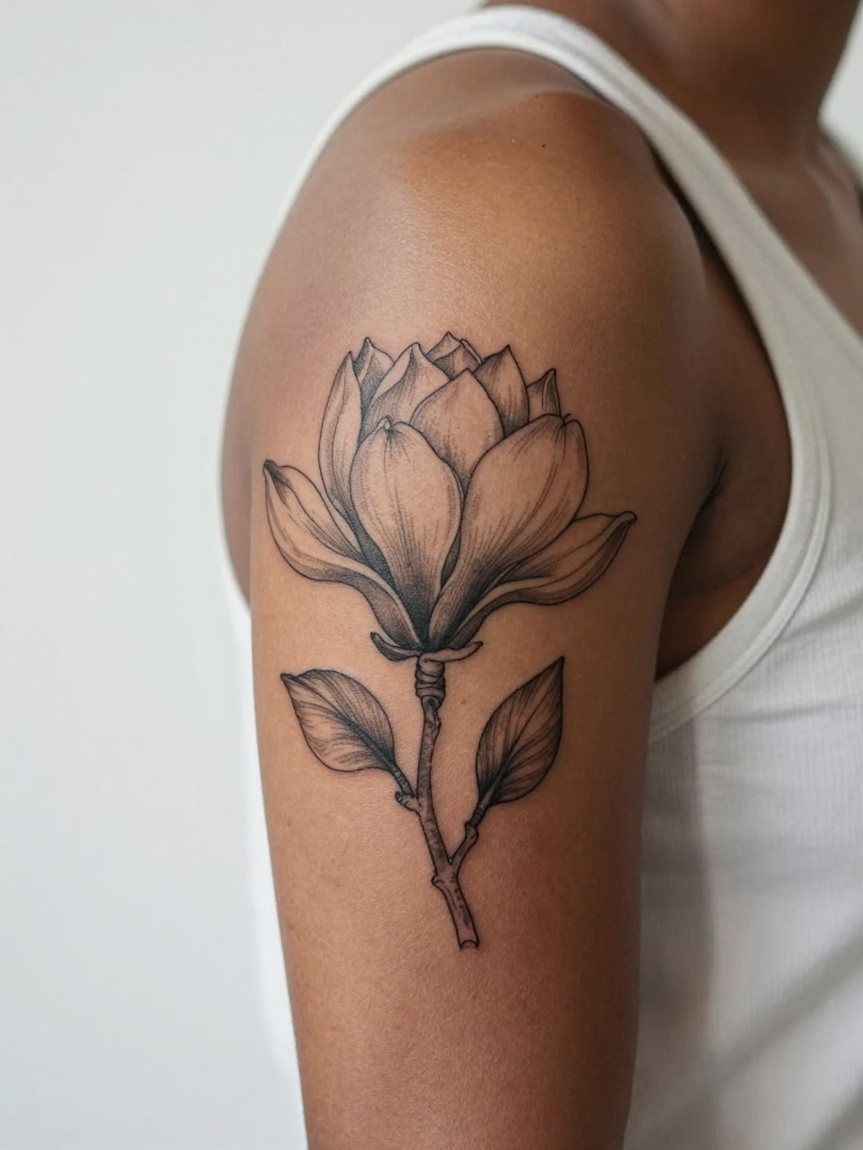 Image Prompt: "Close-up of a fine line magnolia tattoo on the upper arm of a black woman, black ink floral design with broad clean petals and soft grey shading, medium-size composition, realistic skin texture, sleeveless blouse edge softly visible, modern feminine tattoo inspiration image, minimal clean background, tattoo dominates the image (no watermarks on images)"