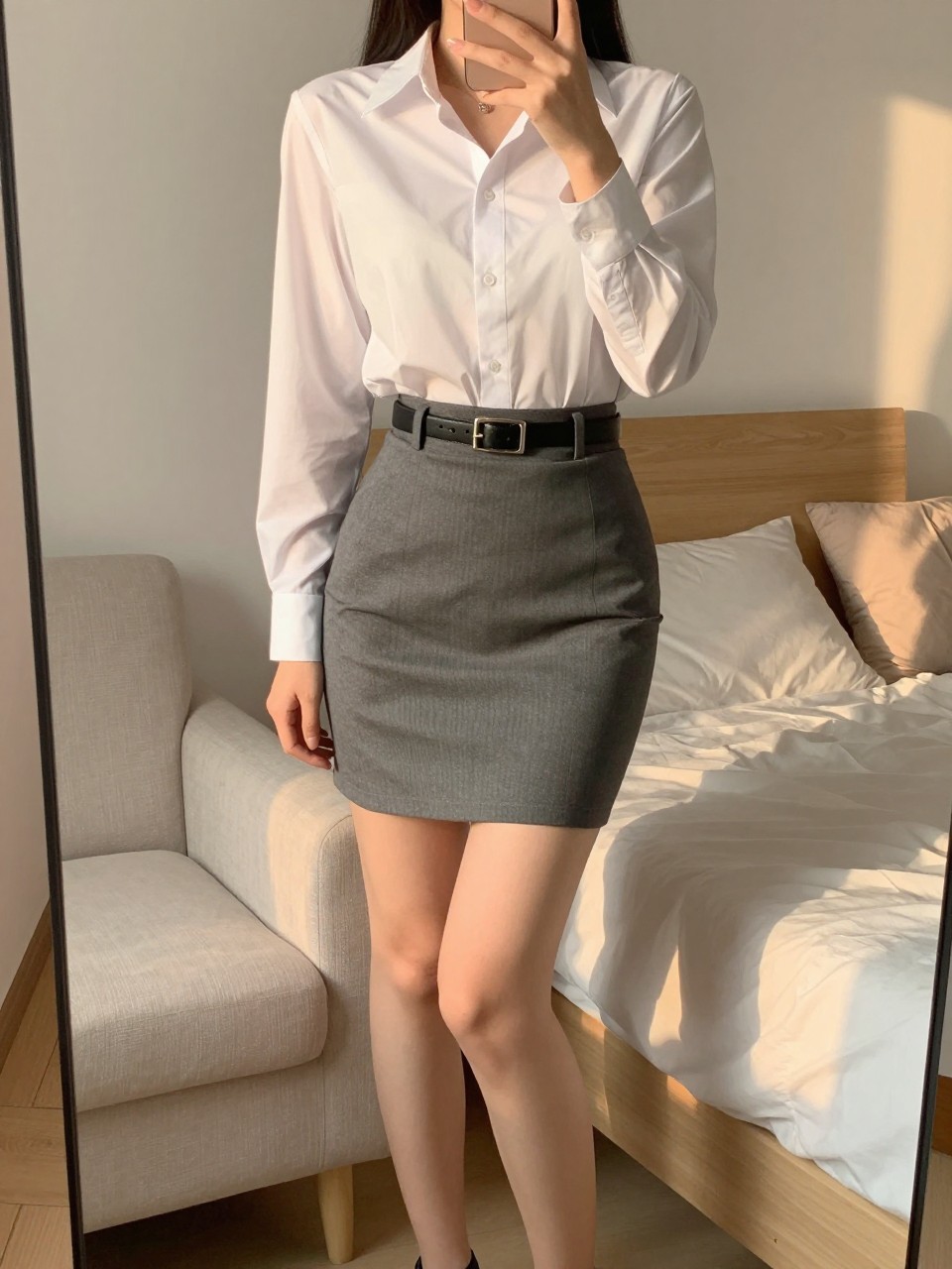 iPhone mirror selfie of a woman wearing a white button-down shirt tucked into a gray pencil skirt with a black belt and strappy heels, holding her phone low by her thigh, cropped at NECK so face doesn't show, in a feminine-themed bedroom, evening golden hour, iPhone photo quality.