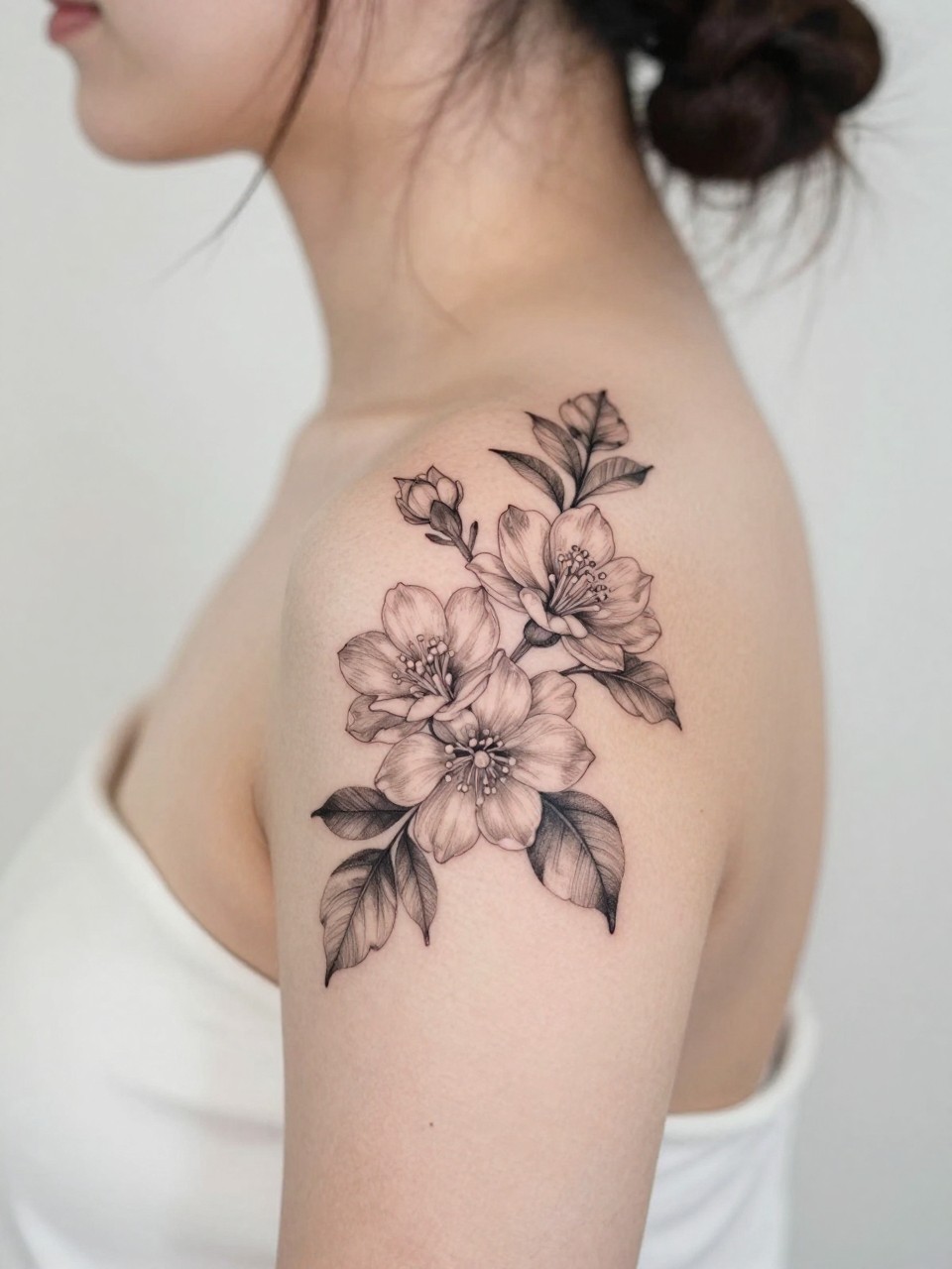 Image Prompt: "Design-focused close-up of a blooming jasmine tattoo on the shoulder blade, black ink fine line floral style with soft grey shading, tiny clustered blossoms, realistic skin texture, hair loosely pinned up, clean feminine styling, soft minimal background, tattoo fills most of the frame (no watermarks on images)"