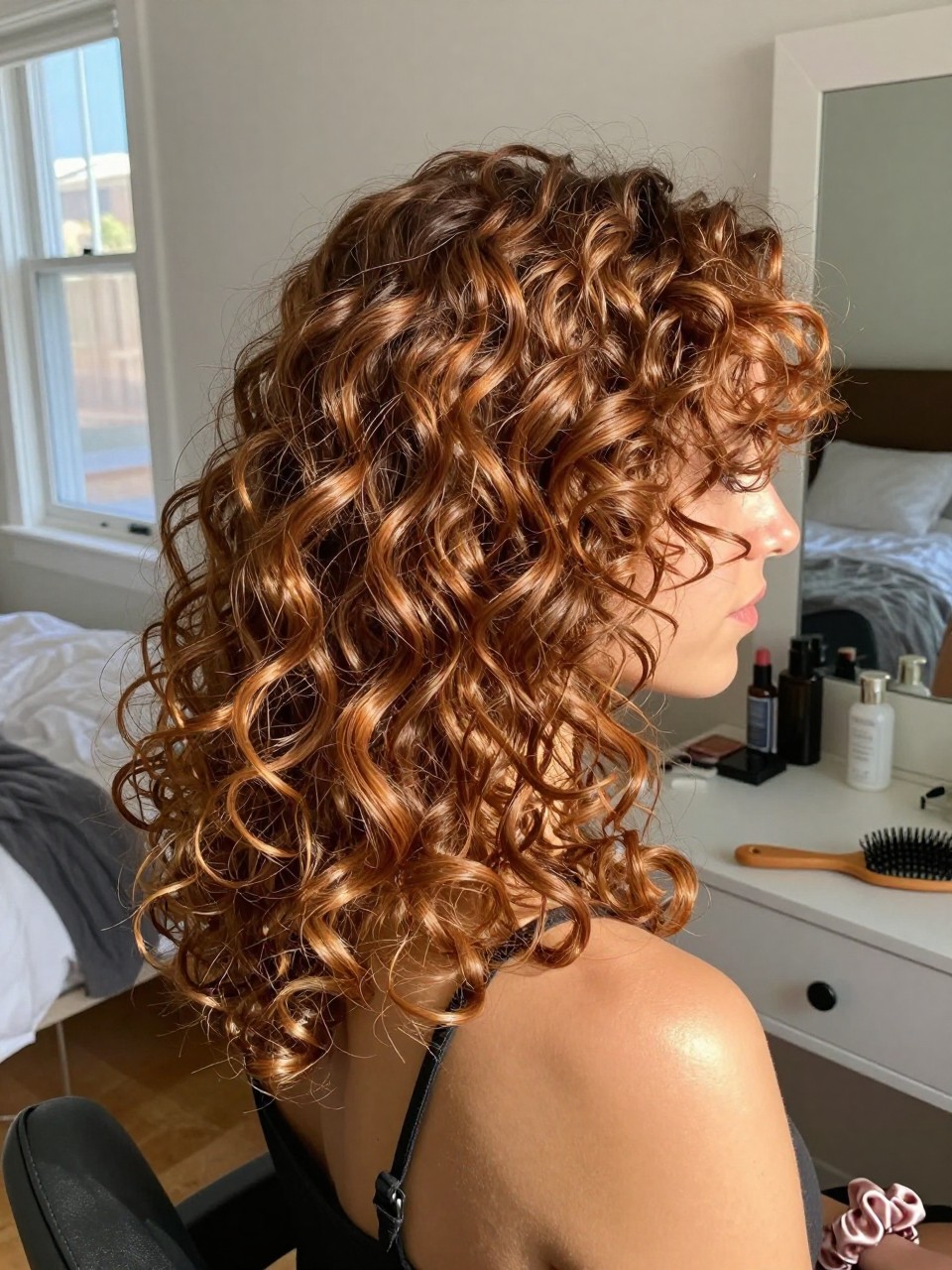 Photo of a woman wearing honey brown curly hair with soft highlights and defined shoulder-length curls, side profile view, sun-drenched bedroom setting, natural window light, with a hairbrush on the vanity and a silk scrunchie on her wrist, latest iPhone photo quality.