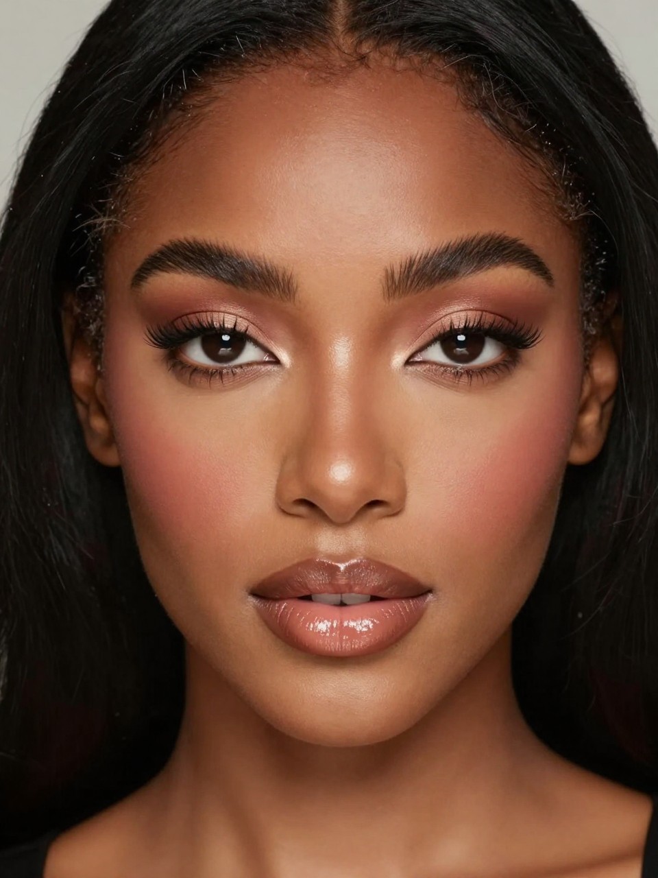 IMAGE_PROMPT: Super realistic close-up beauty portrait of a Black woman wearing soft glam makeup with warm neutral eyelids, softly deepened espresso brown outer corners and lash line, luminous skin, deep rose-bronze blush, glossy toffee nude lips, soft flutter lashes, and full defined brows, shot from a front-facing portrait, with soft vanity lighting that clearly reveals the deeper eye definition, lip gloss shine, and realistic skin texture, realistic skin texture, sleek black hair, minimal blurred backdrop, feminine modern beauty photography, latest iPhone photo quality (no watermarks on images).