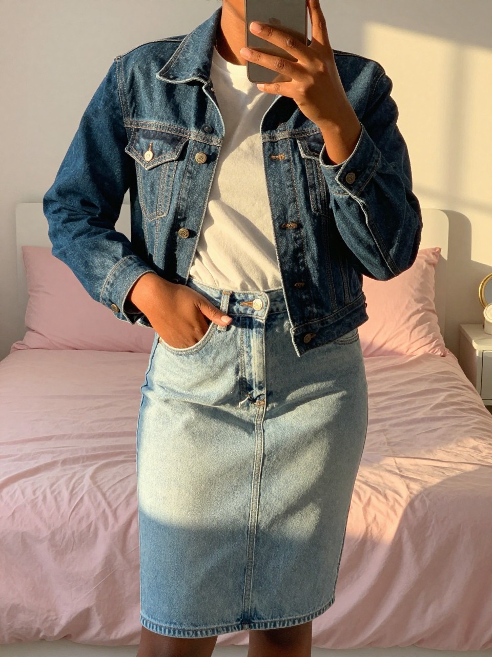mirror selfie of a Black woman wearing a light denim skirt with a dark denim jacket and white tee, posed with one hand in her pocket and phone in the other, cropped at NECK so face doesn't show, in a bright feminine-themed bedroom, evening golden hour light, iPhone photo quality.