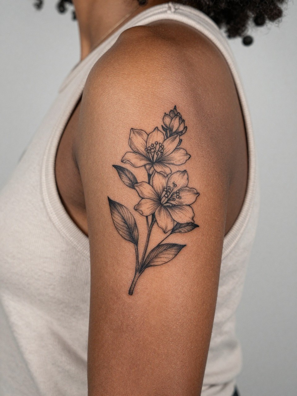 Image Prompt: "Extreme close-up of a jasmine flower tattoo with soft dotwork accents on the upper arm of a black woman, black ink fine line floral design, tiny delicate petals, subtle dotwork detail, light shading, realistic skin texture, sleeveless neutral top softly visible, feminine lifestyle-inspired tattoo image, minimal clean background, tattoo is the main focus (no watermarks on images)"