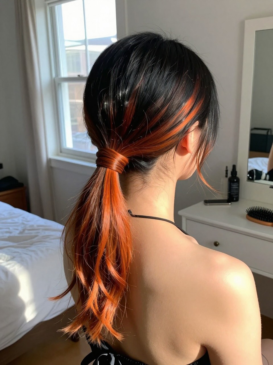 Photo of a woman wearing a sleek low ponytail with black hair and orange highlights through the tail and ends, back-of-head view to highlight details, in a sun-drenched bedroom, natural window light, containing a small lived-in detail such as a black ribbon tied at the base and a hairbrush on the vanity, latest iPhone photo quality.