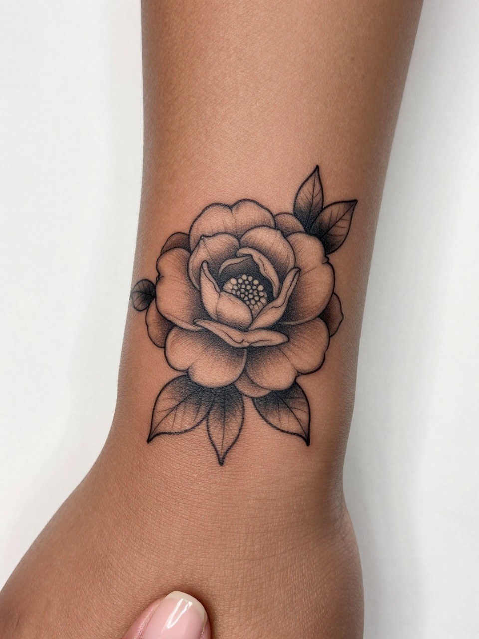 Image Prompt: "Extreme close-up of a Japanese camellia flower tattoo on the inner wrist of a black woman, black ink fine line design with soft shading, rounded petals, small elegant composition, realistic skin texture, neutral manicure, book page underneath the wrist, modern feminine tattoo inspiration photo, clean minimal background, tattoo is the main subject (no watermarks on images)"