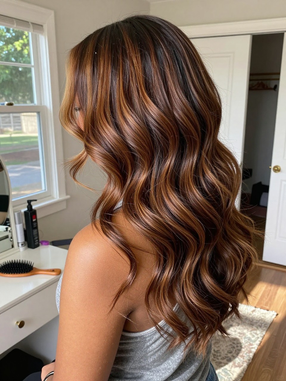 Photo of a black woman wearing mahogany brown balayage in loose textured waves, back-of-head view to highlight the blended color, sun-drenched bedroom setting, natural window light, with a hairbrush on the vanity and a slightly open closet behind, latest iPhone photo quality.