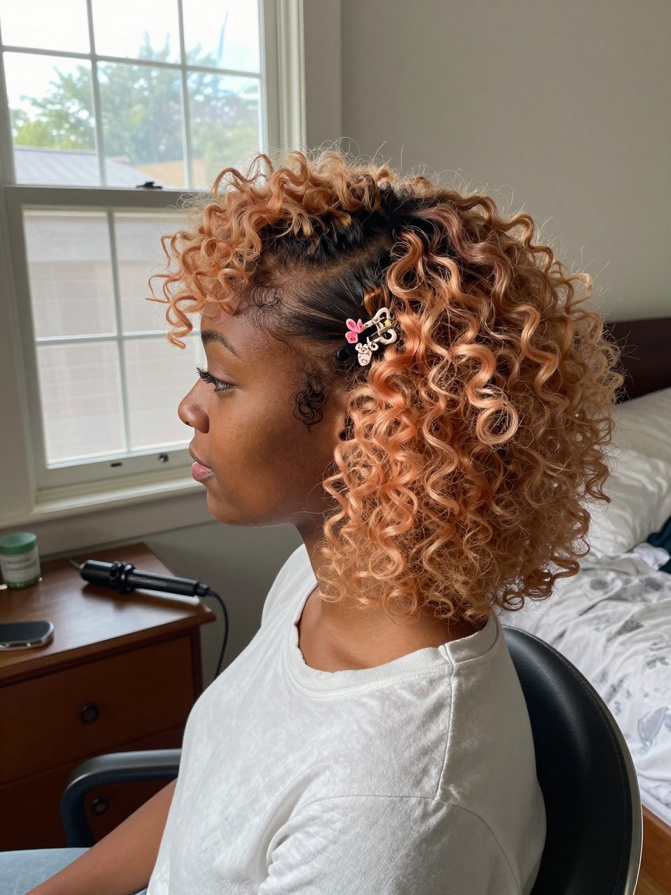 Photo of a black woman wearing side part ginger curls with peachy highlights, side profile view, in a sun-drenched bedroom, natural window light, containing a small lived-in detail such as a decorative clip on one side and a curling iron resting on the nightstand, latest iPhone photo quality.