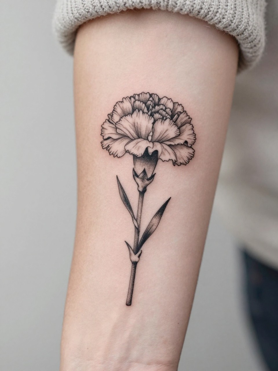 Image Prompt: "Extreme close-up of a small carnation bouquet tattoo on the forearm, black ink fine line floral design with multiple delicate blooms, soft shading, elegant stem arrangement, realistic skin texture, neutral manicure, soft knit fabric slightly visible, design-focused tattoo inspiration photo, clean minimal background (no watermarks on images)"
