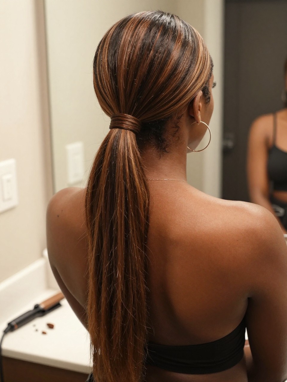 Photo of a black woman wearing a sleek mid ponytail with brown hair and dark brunette highlight panels through the tail, back-of-head view to highlight details, at a bathroom vanity mirror, soft indoor lighting, containing a small lived-in detail such as a flat iron on the counter and hoop earrings peeking through, latest iPhone photo quality.